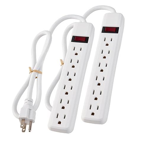 PowerEnvy 6-Outlet Surge Protector 2pk - 250 Joules, 2ft Cord, 15A/125V, 1875W Max - Right Angle Plug, Black - Home, Office, & Electronics Protection