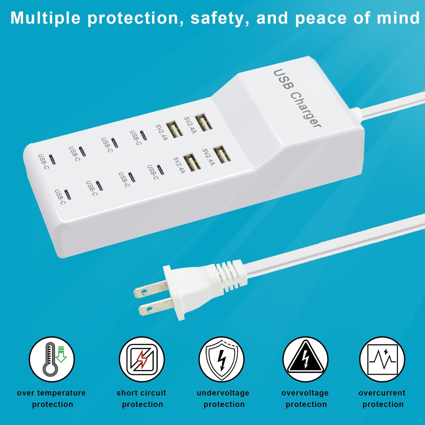 USB Charger Block, 12-Port Charging Station (4 USB-A and 8 USB-C Ports)