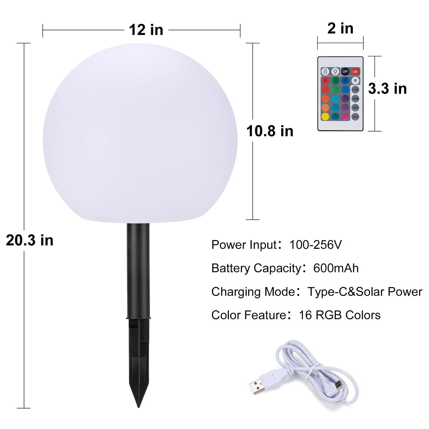 FANOAULEA 12 Inch Ball Light, Outdoor Glow Globe Light with Remote Control, LED Solar Gazing Ball Night Light 16 Modes RGB Color Changing, Waterproof