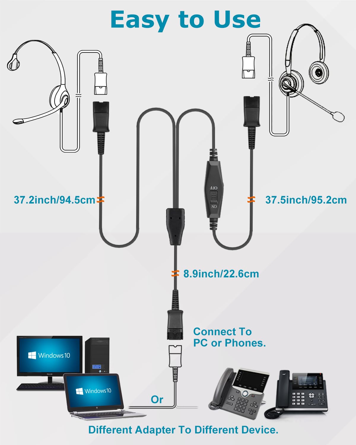 Training Y Splitter Adapter Cable to QD Headset Work for All Plantronics Quick Disconnect Headsets Splitter Cord Connector with in-line Volume Mute