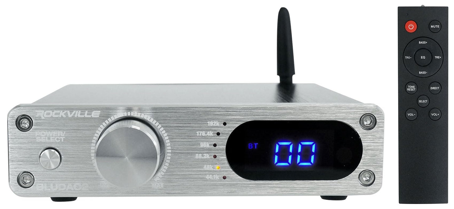 Rockville BLUDAC2S 150W Hi-Res 192K Amplifier Bluetooth Receiver w/USB, Optical, Coax, Sub Out, Class-D, DSP EQ, Remote, Brushed Aluminum, Compact