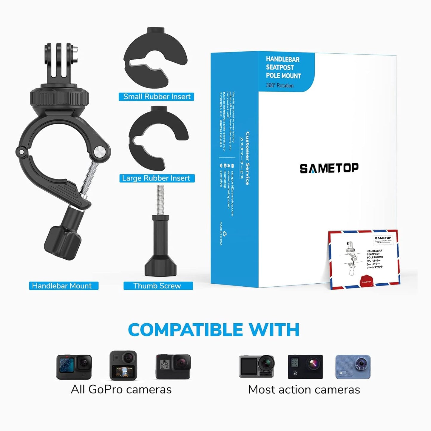 Sametop Handlebar Bike Pole Mount Motorcycle Clamp Mount Compatible with GoPro Hero 13 12 11 10 9 8 7 6 5 Session DJI Action Cameras - 360 Degree