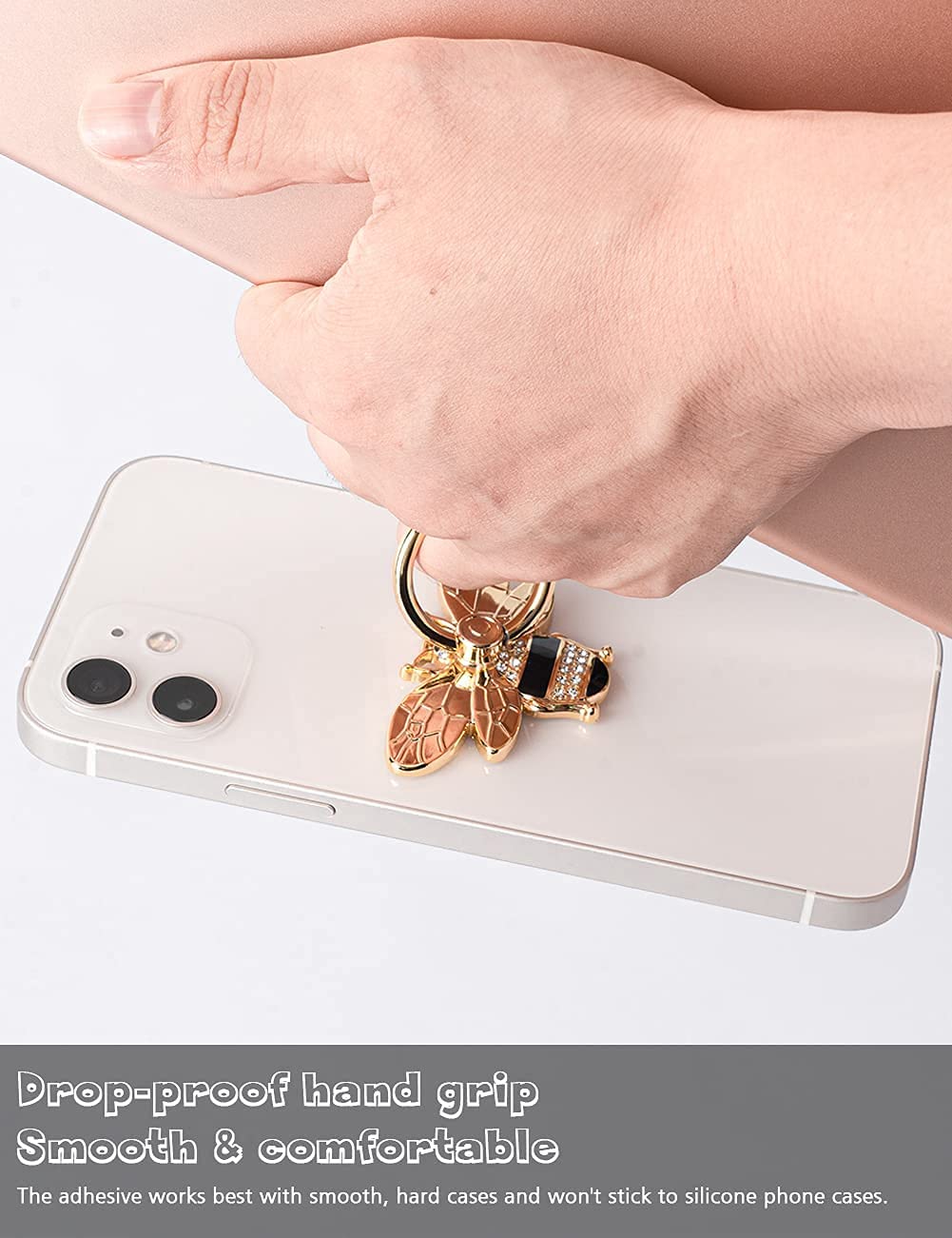Allengel Bee Phone Ring Holder Finger Kickstand with Crystal, Cute Phone Ring Grip Holder for iPhone or Smartphone Cases, Gold Black