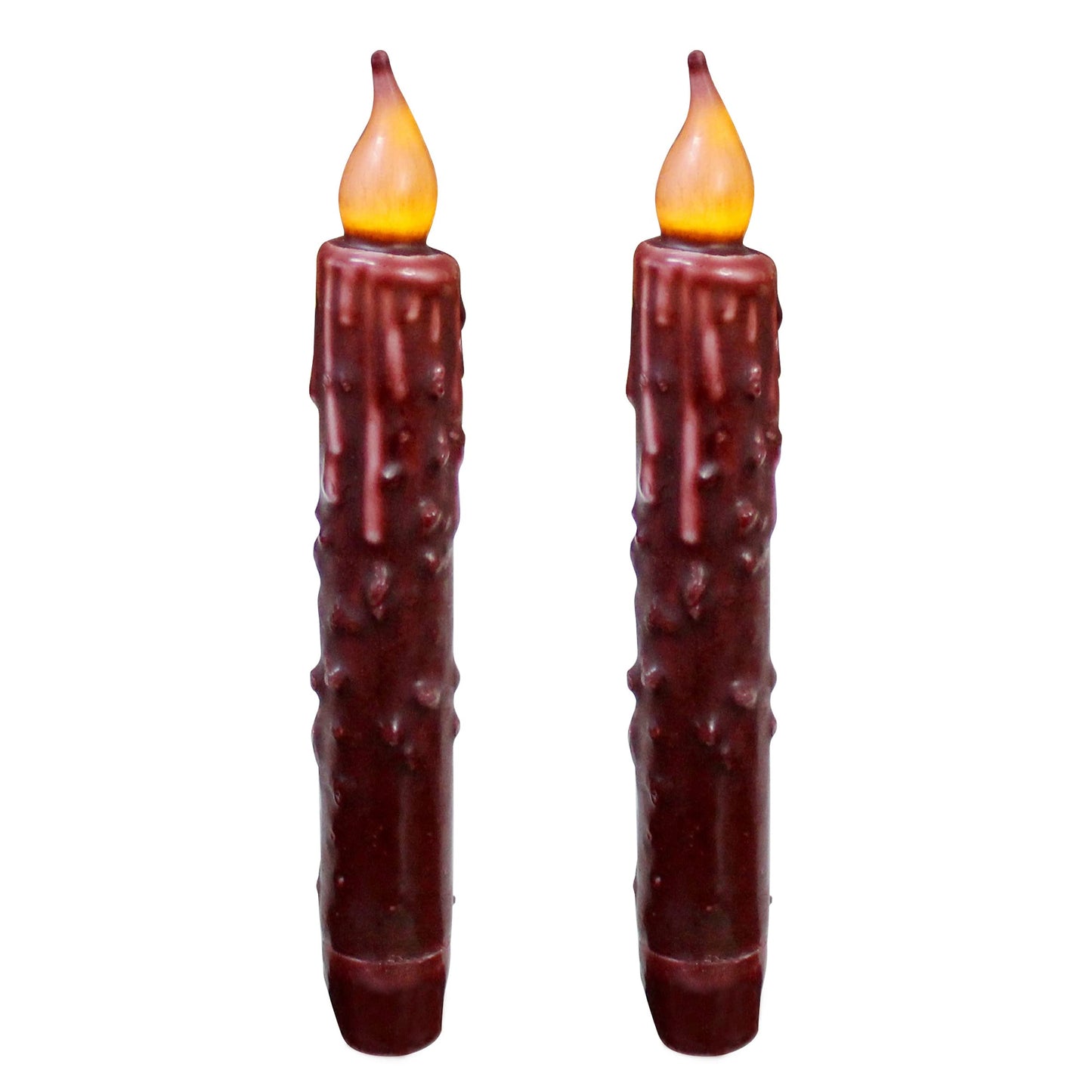 CVHOMEDECO. Real Wax Hand Dipped Battery Operated LED Timer Taper Candles Country Primitive Flameless Lights Décor, 6-3/4 Inch, Burgundy, 2 PCS in a