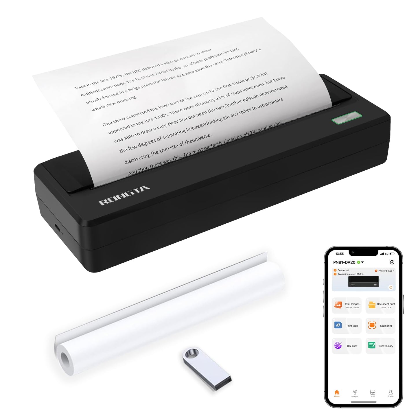 Rongta Portable Printer Wireless for Travel, 300DPI Thermal Inkless Bluetooth Mobile Printer, Support 8.5" X 11" US Letter, Compatible with Android