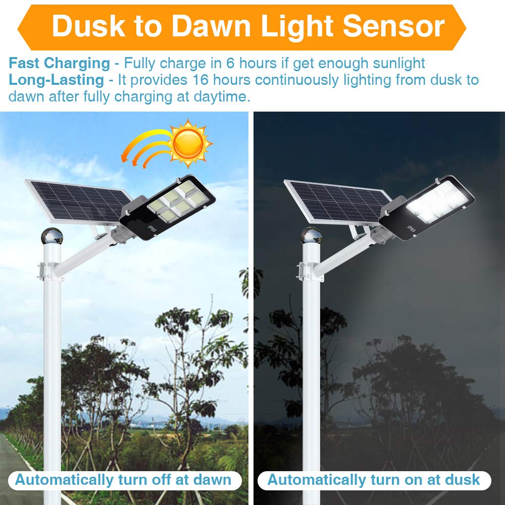 DENGMALL 6000W LED Solar Street Lights Outdoor, Dusk to Dawn Security Flood Light with Remote Control & Pole, Wireless, Waterproof, Perfect for Yard