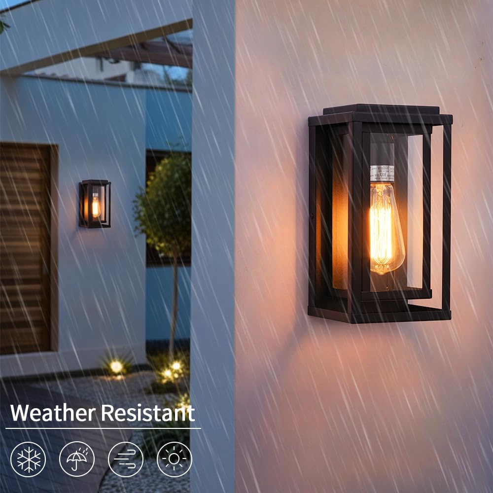 Cerdeco 12” Modern Outdoor Wall Sconce with Rectangular Metal Frame and Transparent Glass Shade,Black Outdoor Lighting for Garage Porch Patio Pack