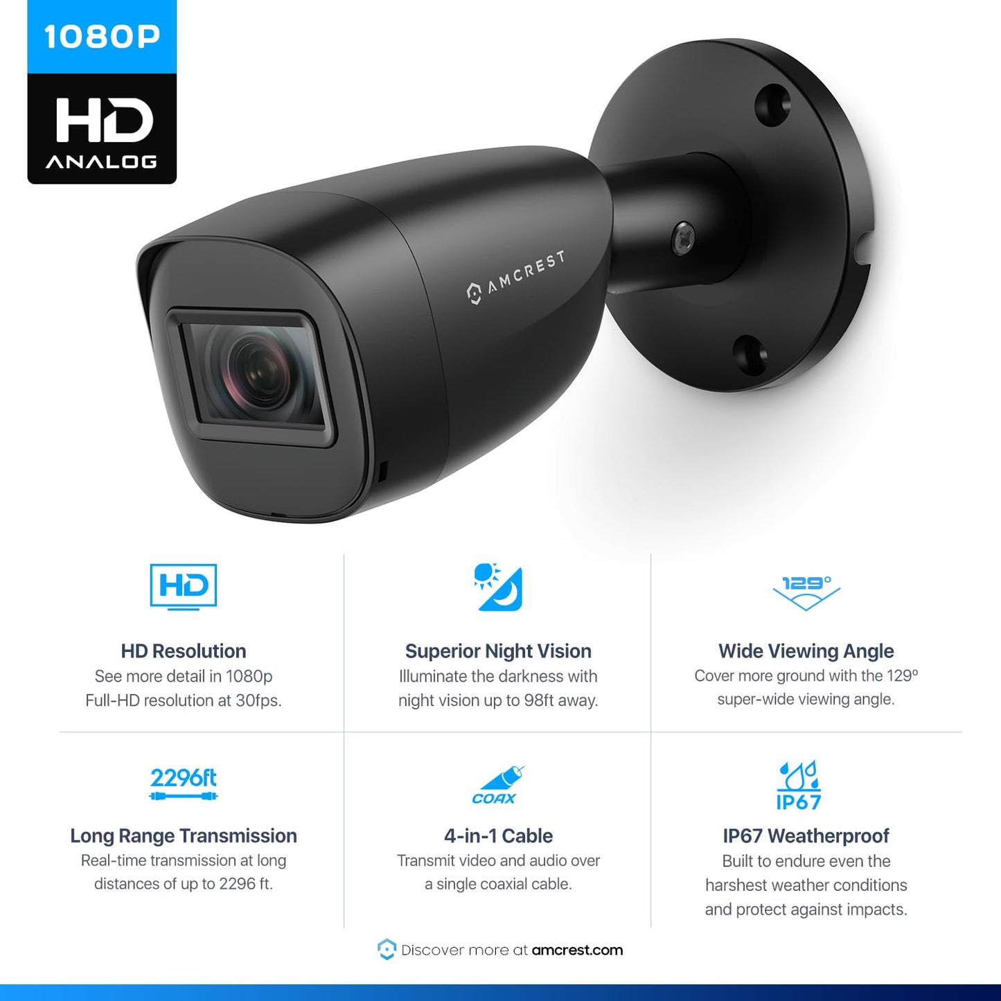 Amcrest Full HD 1080P 1920TVL Bullet Outdoor Security Camera (Quadbrid 4in1 HD-CVI/TVI/AHD/Analog), 2MP 1920x1080, 98ft Night Vision, 2.8mm Lens, 129°