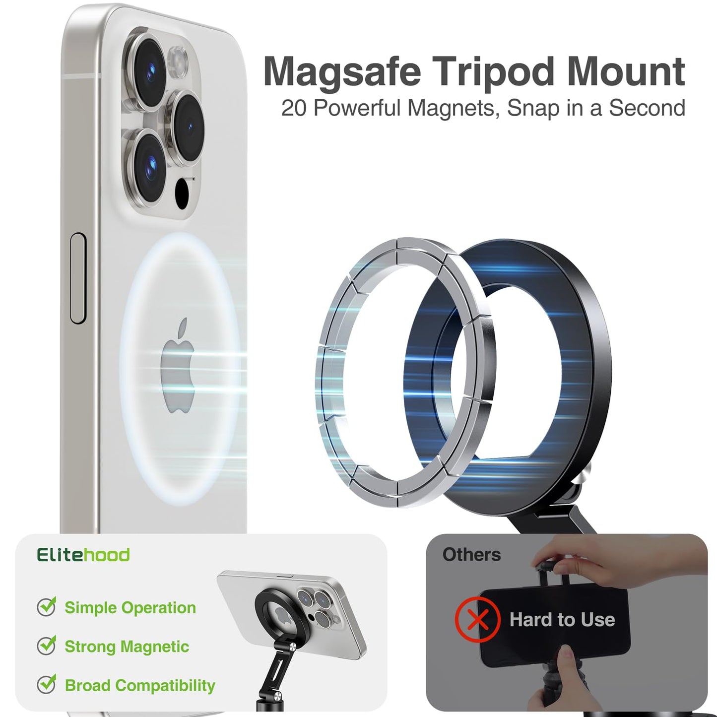 elitehood Aluminum Magnetic Camera Phone Mount with 360° Rotatable Cold Shoe Base, MagSafe iPhone Tripod Mount Adapter with 1/4” Screw & Hot Shoe
