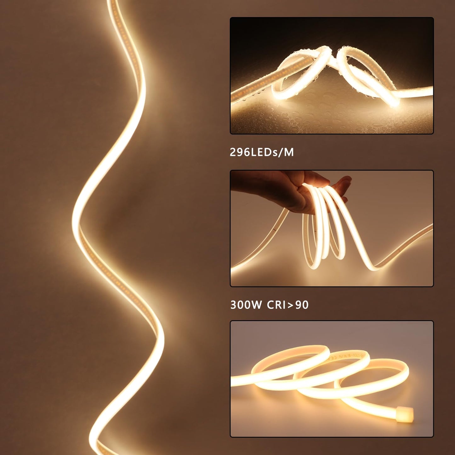 BENLUN AC 110V COB LED Strip Lights 98.4ft, 3000K Warm White LED Rope Light Outdoor Waterproof, 10W/M CRI 90+ Flexible Cuttable, for Bedroom, Living