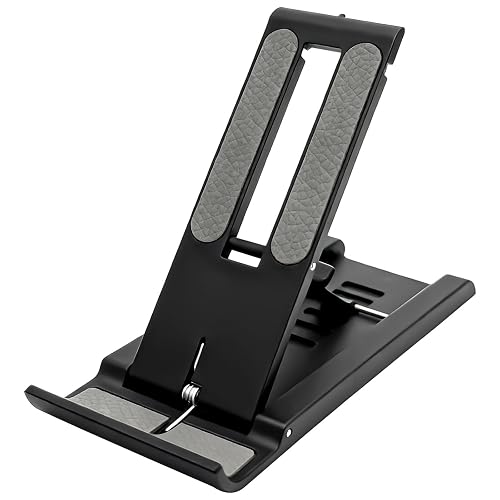 Attkryy Compact Adjustable Foldable Phone Stand for Desk - Black, Mini Mobile Holder for iPhone, Kindle, and Smartphones