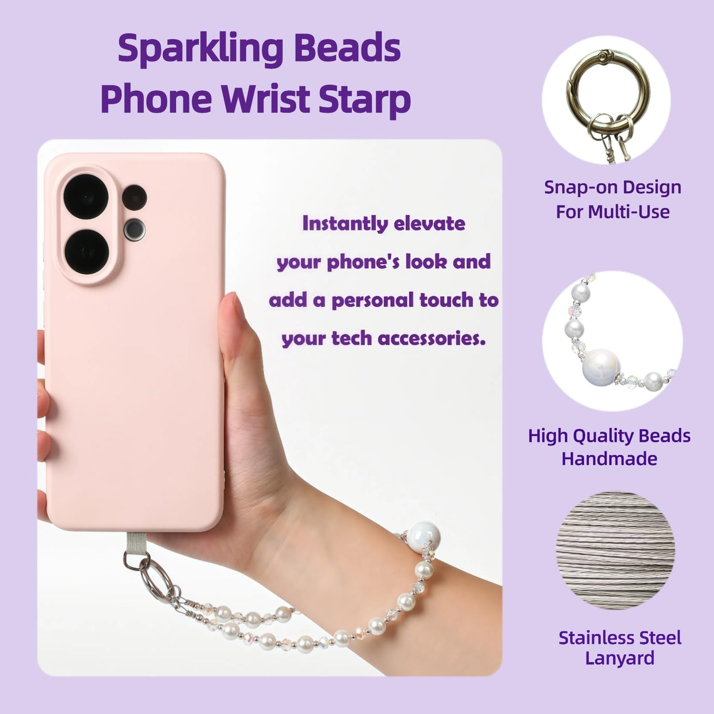 NUANJUYU Sparkling Beads Phone Lanyard Wrist Strap - Multi-Use Anti-Drop Safety Strap with 2 Tether Tabs & Mini Cord - Handmade Gift for Women (White)