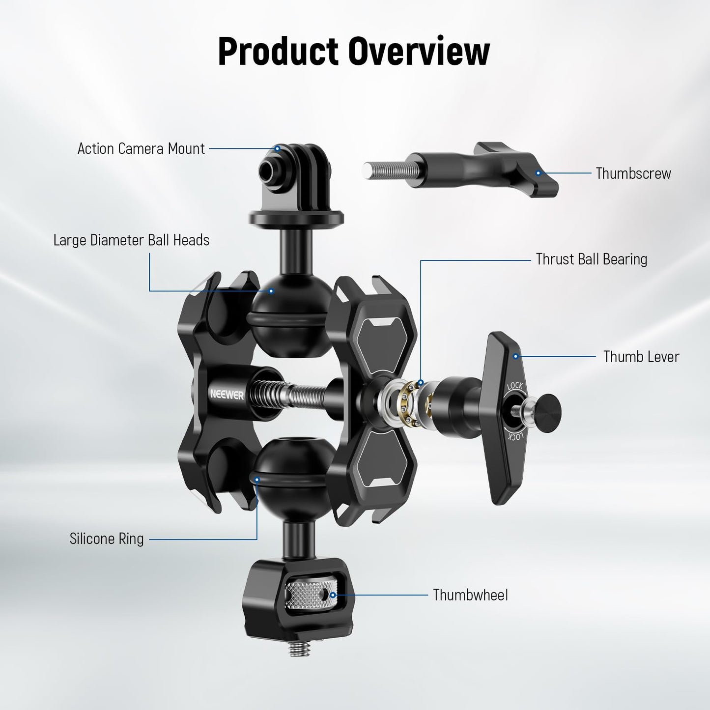 NEEWER Magic Arm Compatible with GoPro 13 Hero 12 11 10 DJI Osmo Action 4 3 Insta360 One X3 GO3 SmallRig, Articulating Arm Adapter with 1/4" Screw