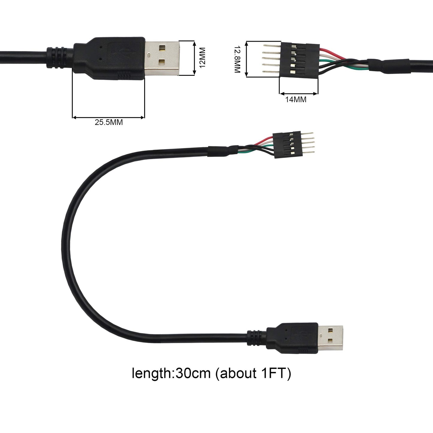 GINTOOYUN 5 Pin Motherboard Header to USB A, Dupont IDC 5-Pin to USB 2.0 Male Extender Adapter Cable-2PCS(1FT)