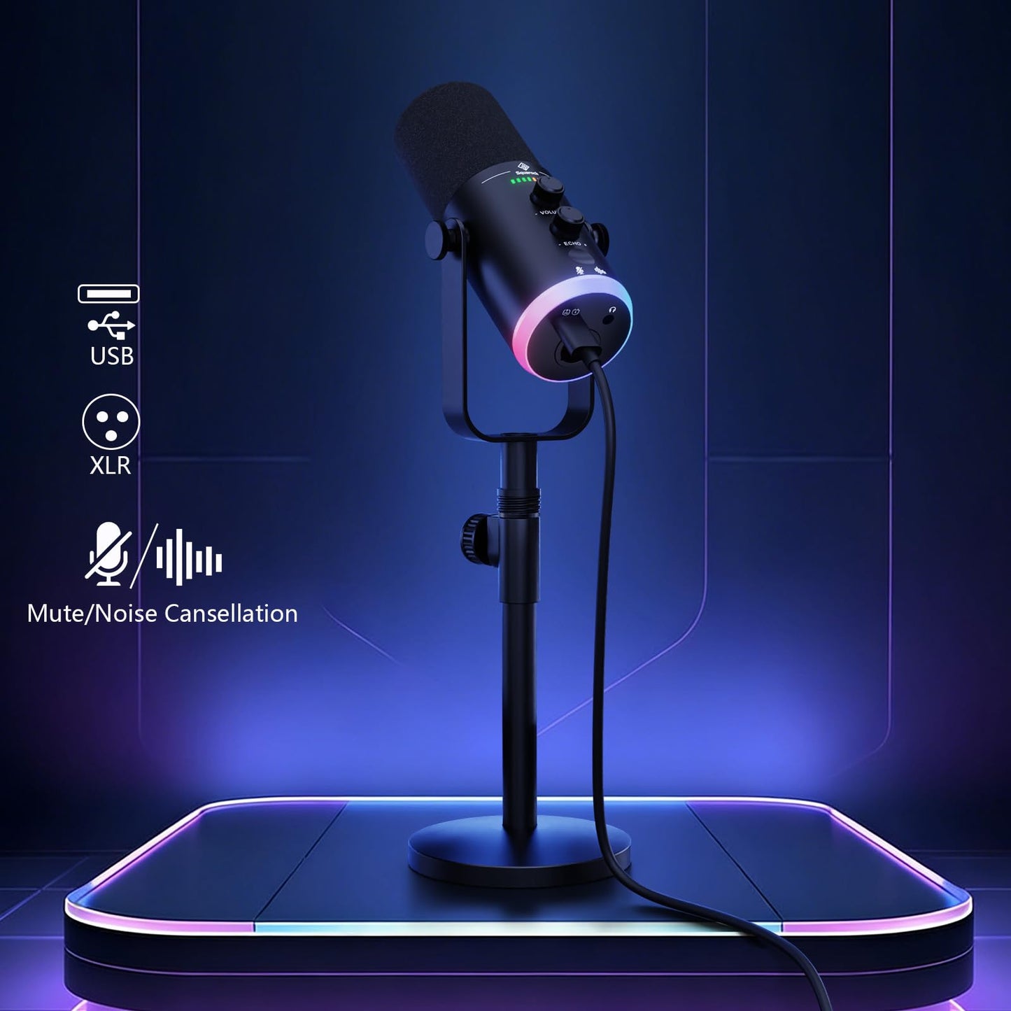 SquarockTek USB/XLR Dynamic Podcast Microphone with RGB Lighting, PC Gaming Streaming Mic with Mute Button, Headphone Jack and Desktop Stand TX2