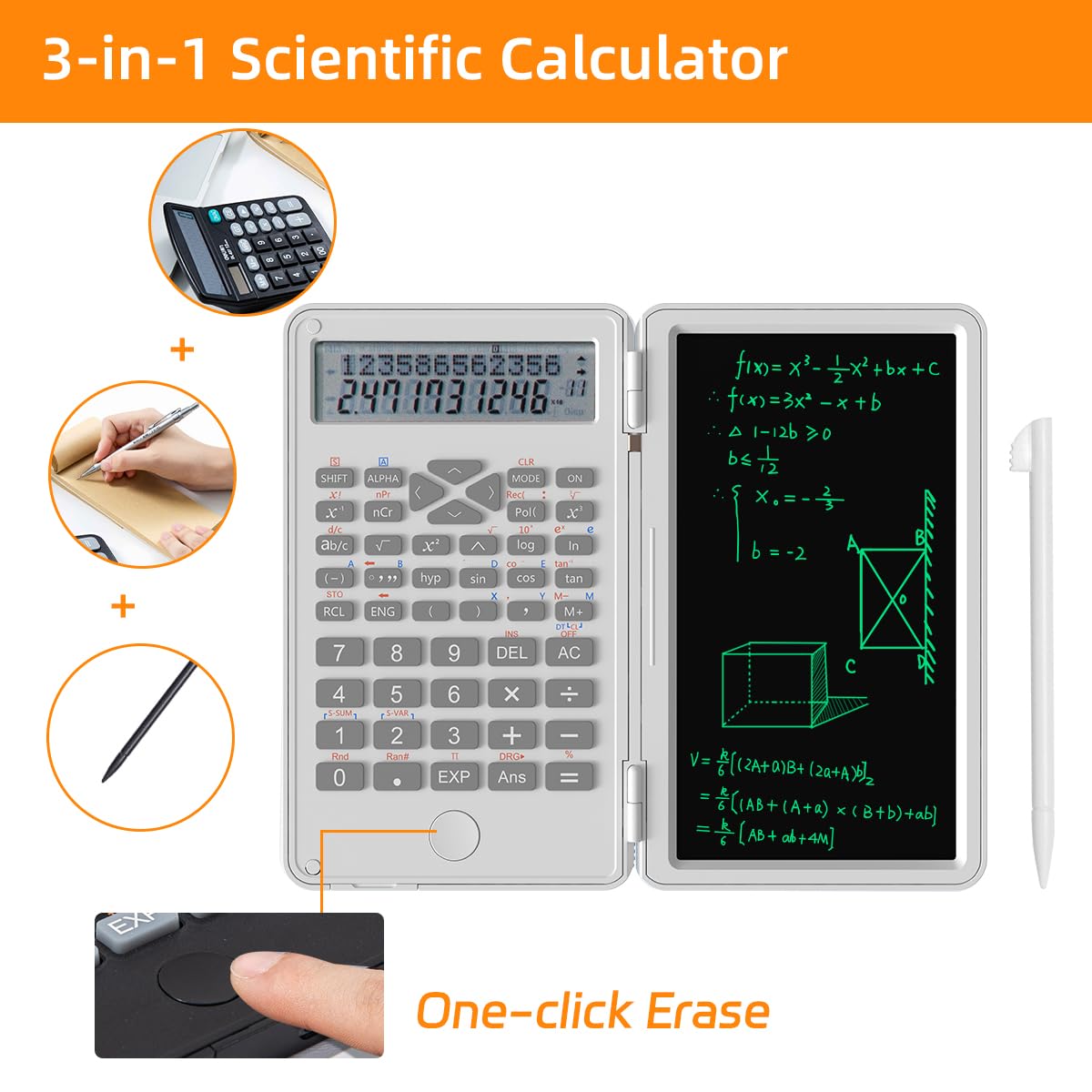 Scientific Calculator with LCD Writing Tablet - 240 Functions for Math, Physics & Exams, Dual-Line Display, One-Click Clear & Lock, Pull-Out Stylus