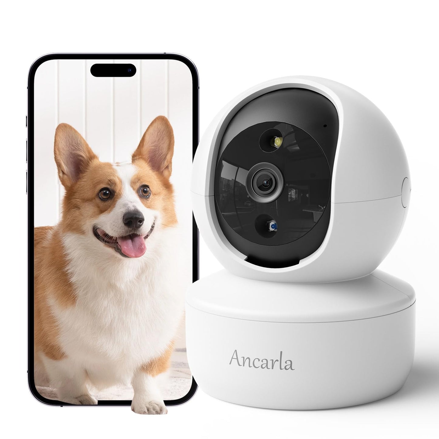 ANCARLA Security Camera Indoor, Cameras for Home Security Indoor, 360° Pan&Tilt, Pet/Dog/Baby Camera with Phone App, Motion Detection and Tracking