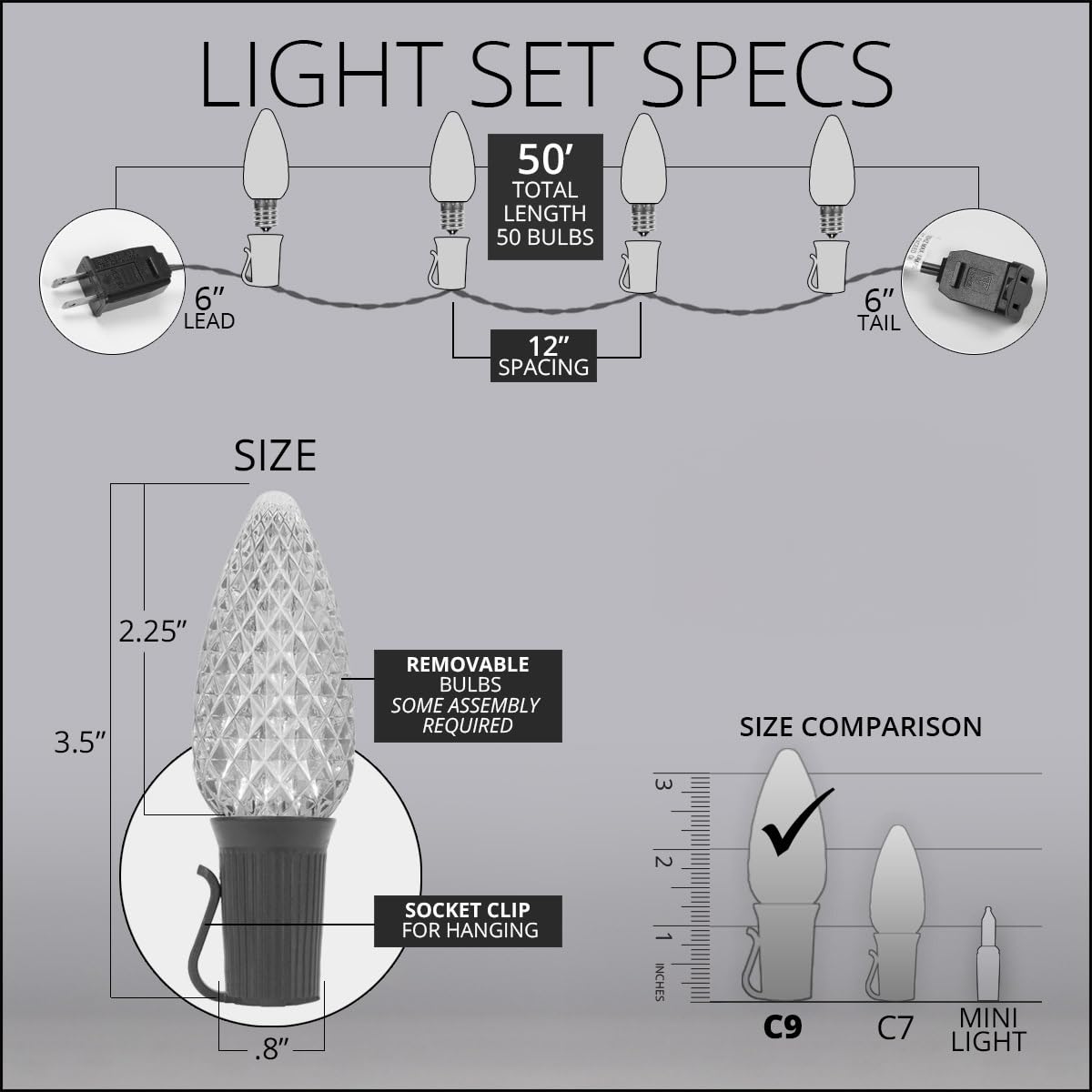Wintergreen Lighting 50 C9 OptiCore LED Commercial Outdoor Christmas Lights - Heavy Duty Christmas String Lights; Green Wire (50 ft, Cool White)