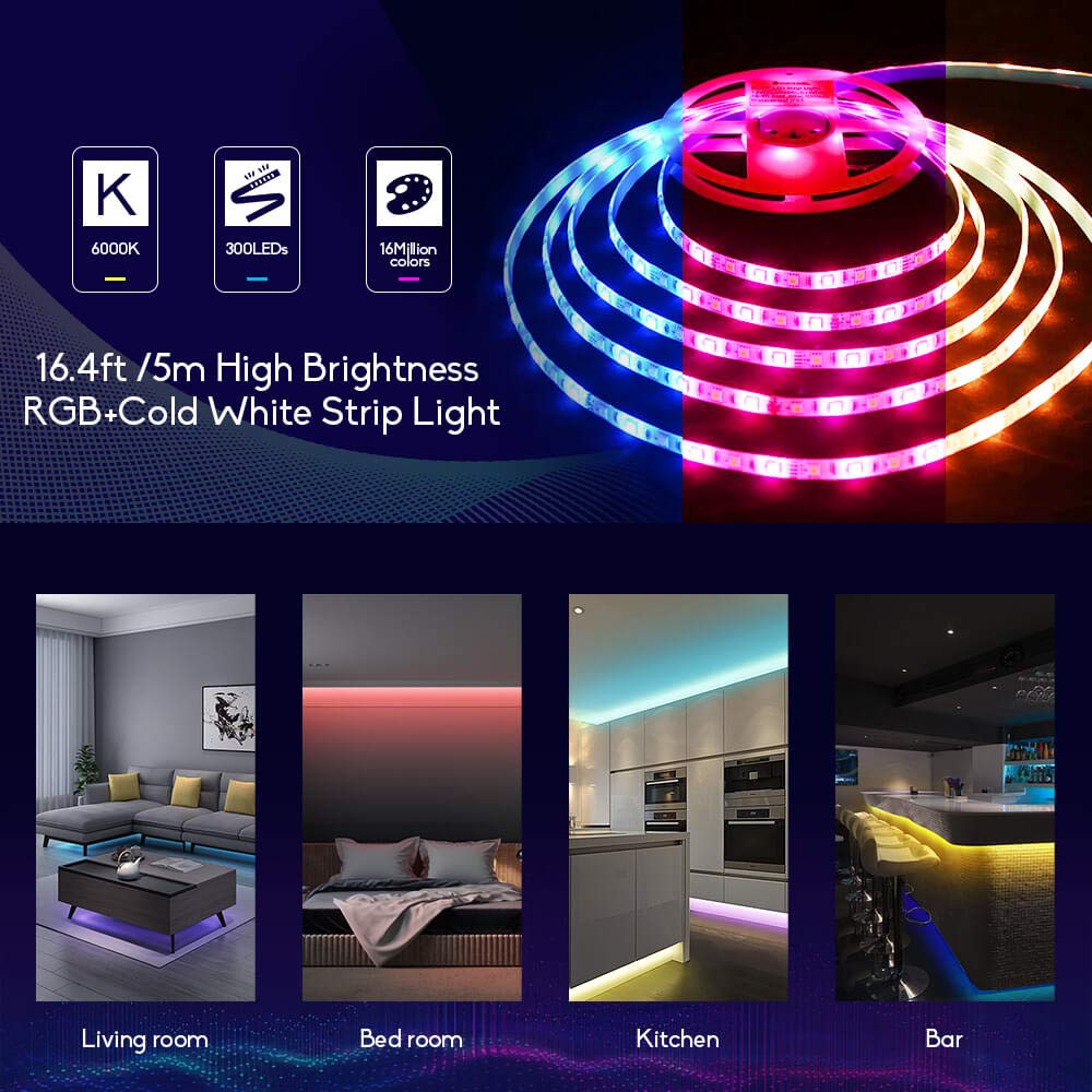 GIDERWEL RGBW LED Strip Light,16.4ft RGB+Cold White SMD5050 Flexible 12V LED Strips 300LEDs,Dimmable Mixed Color Changing LED Tape Light Ambiance