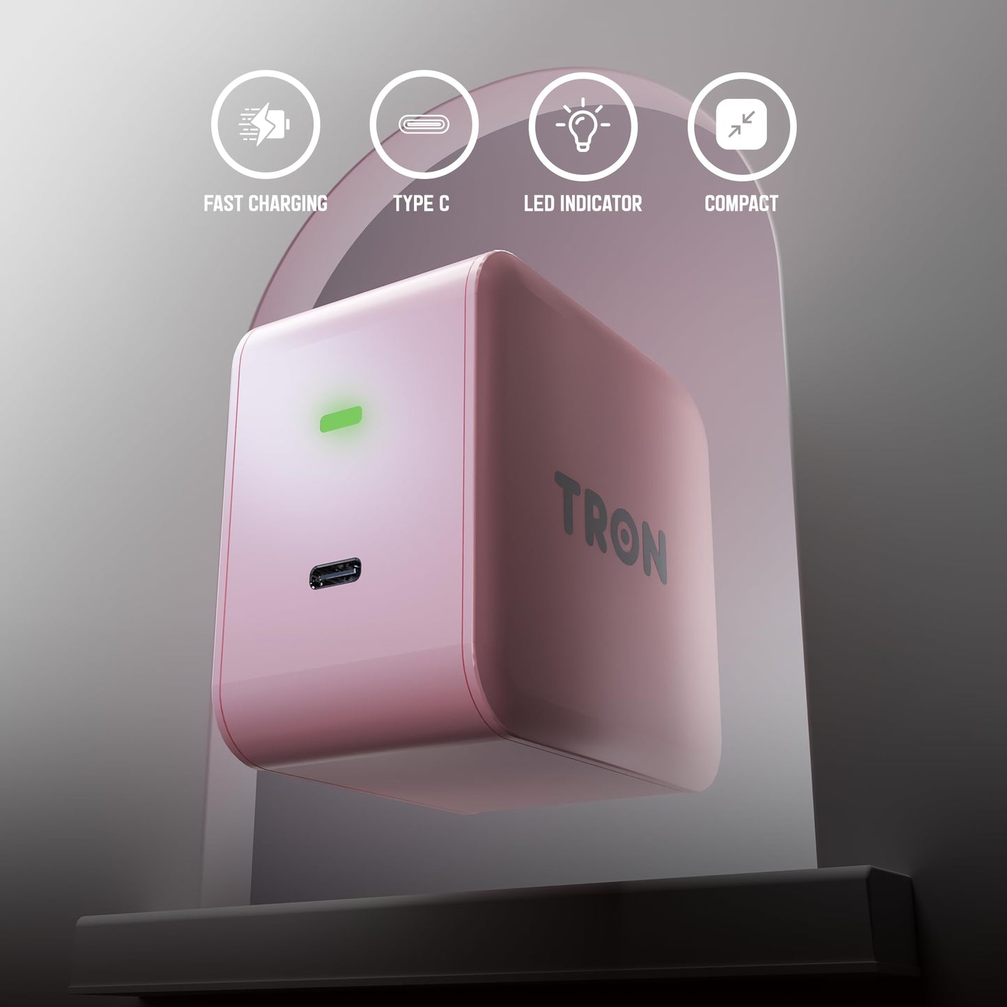Tron 25W Power Adapter, Black, High-Powered USB Type-C Charging Adapter, Perfect for Home, Office or On-The-Go Use (Pink)