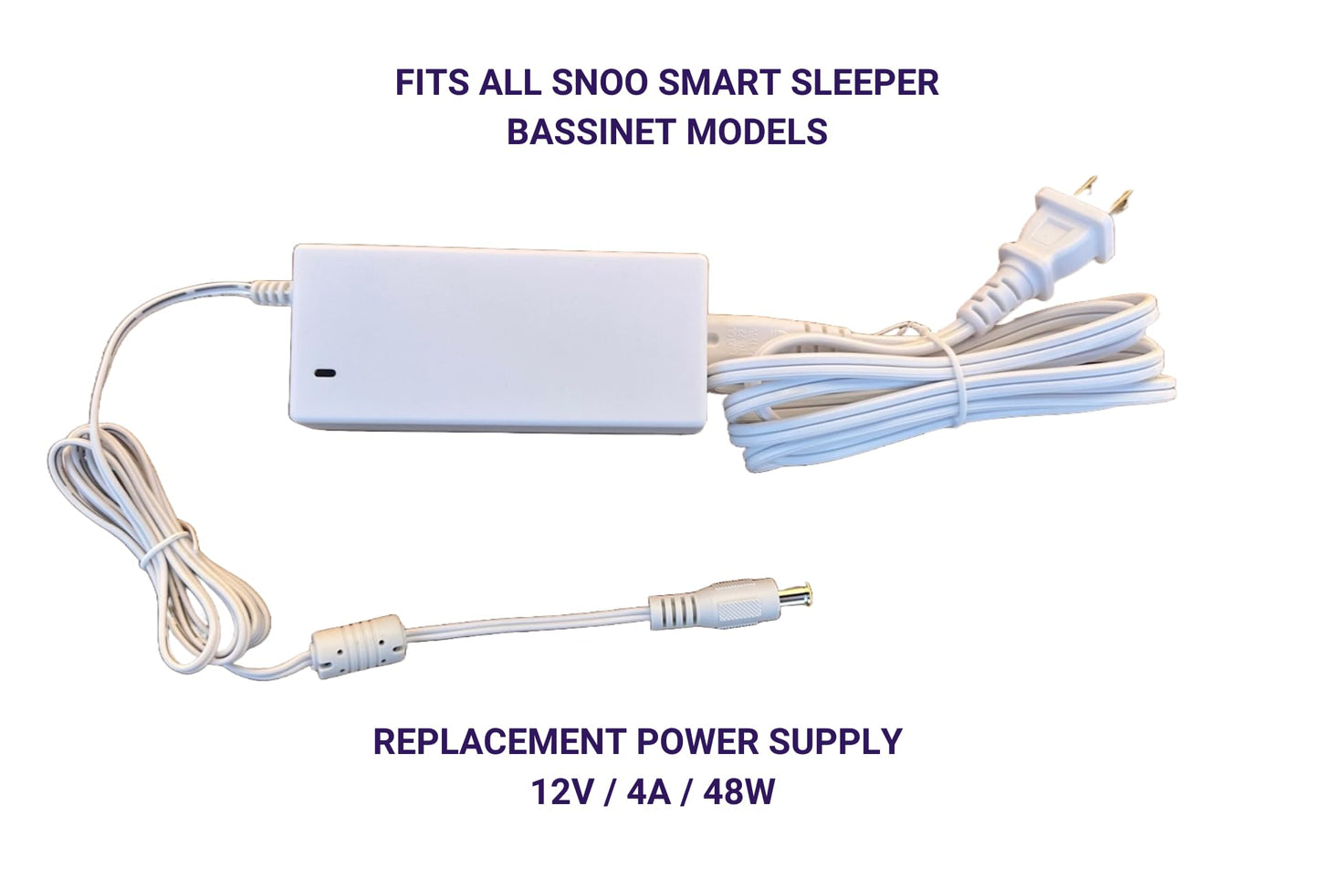 11ft Power Supply for Snoo Smart Sleeper Bassinet (All Models) - 12V 4A Charger Adapter, Compatible with Happiest Baby Snoo S1000, White Plug
