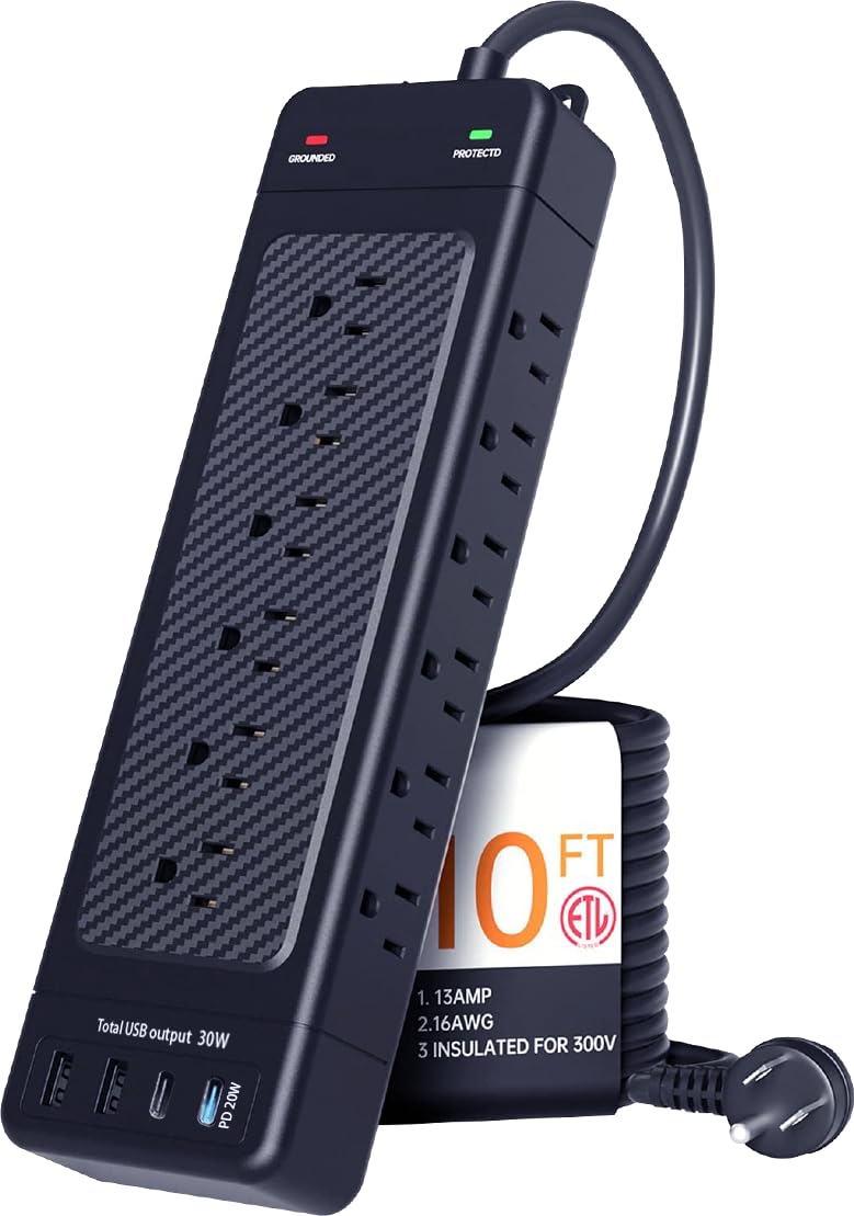 Surge Protector Power Strip/Heavy Duty 10ft Extension Cord with Multiple outlets/High Joules Protection (4800J)/18AC/1875W/15A/Usb A+C(PD20W),Flat