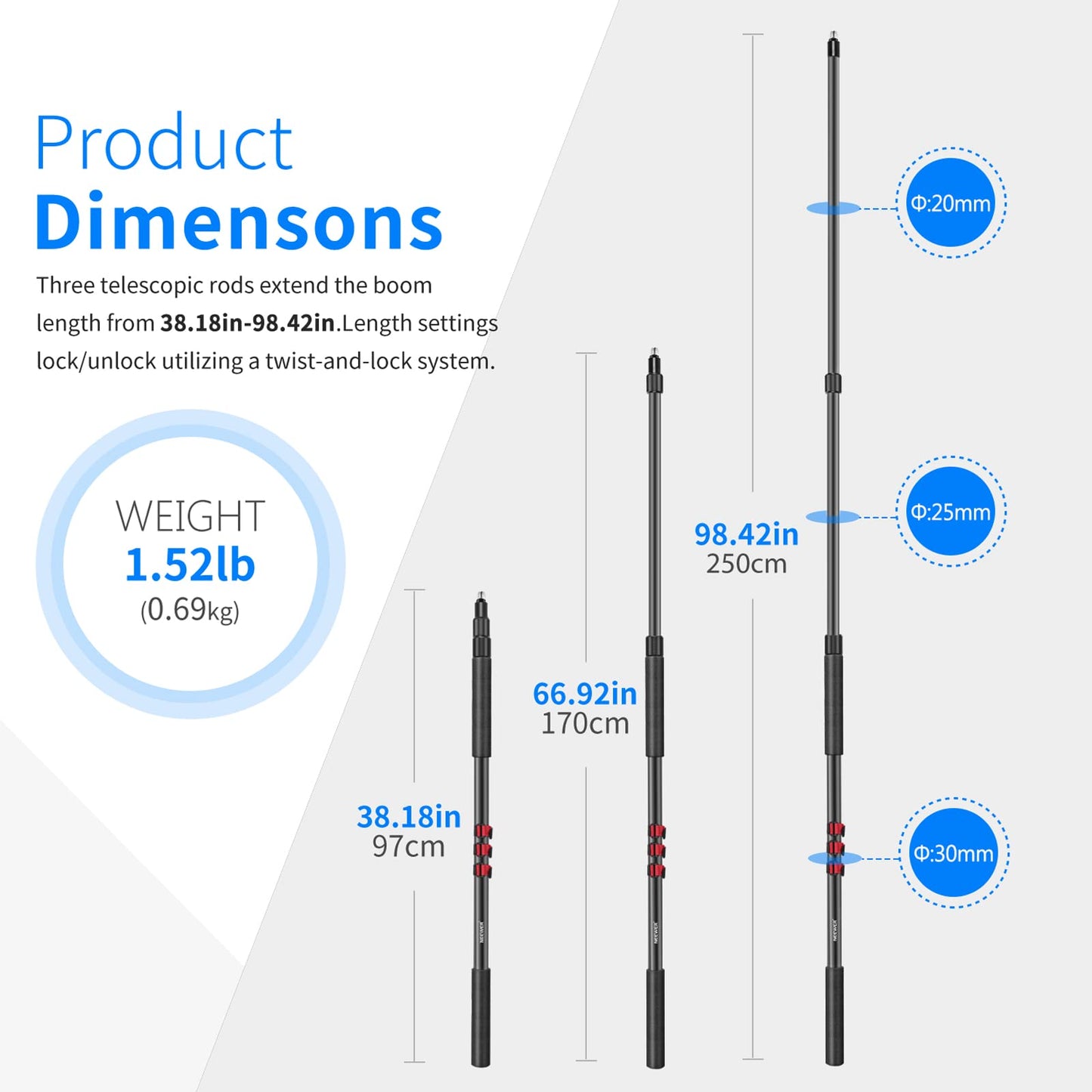NEEWER NW-7000 Microphone Boom Arm, 3 Section Extendable Handheld Mic Arm with 3/8" & 3/8" to 5/8" Screw Adapter, 3ft to 8ft Adjustable