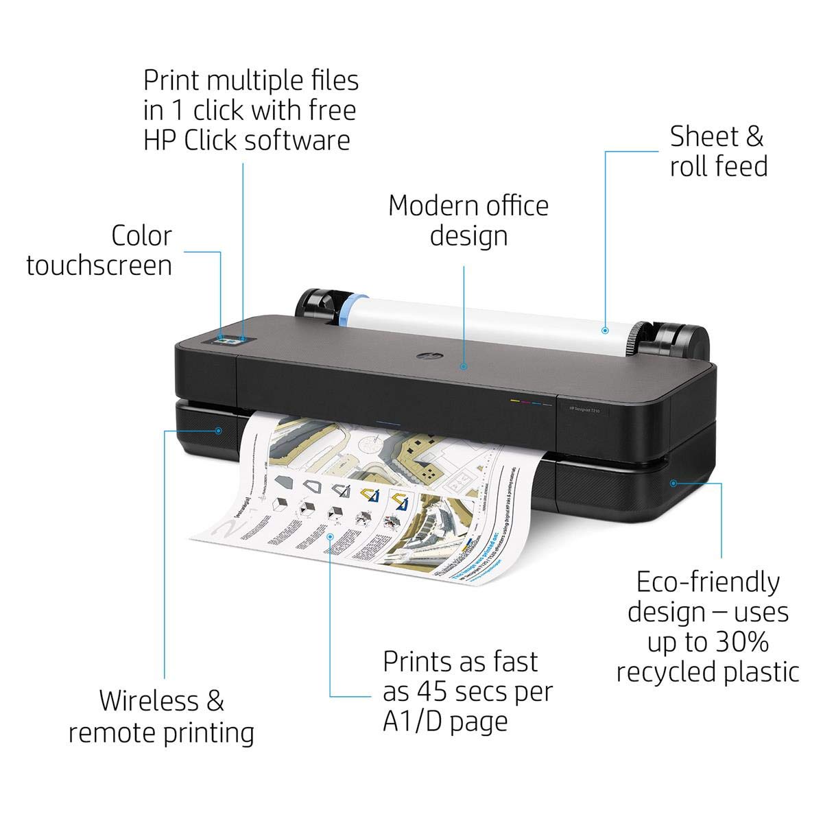 HP DesignJet T210 Large Format Printer, 24" Color Inkjet Plotter, Wireless, Bundle with 2X 712 38ml Black Ink Cartridges