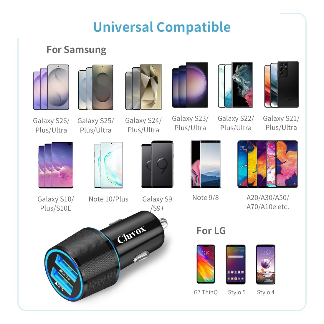 Fast USB Car Charger for Samsung Galaxy A56/A55/A54/A53/A50/A17/A16/A15/A14/S26/S25/S24/S23/S22/S21 Plus/Ultra/Note 20/A21/A31/A51 Quick Charge 3.0