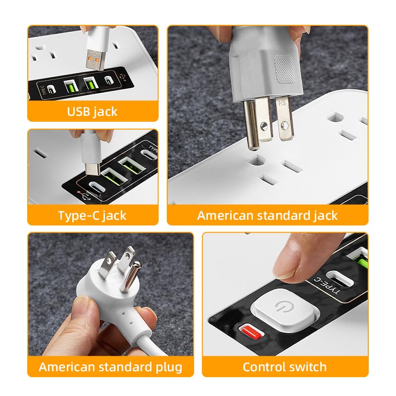16-in-1 Surge Protector Power Strip with 12 AC Outlets, 4 USB Ports (2 USB-C & 2 USB-A) | 10A Overload Protection, Flat Plug Extension Cord for Home