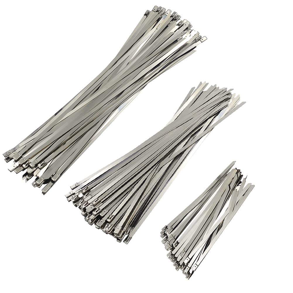 DGOL 110 packs 3 Sizes 304 Stainless Steel Cable Ties Wrap 5.9, 9.9, 11.8 inch Heavy Duty Self Locking Metal Zip Fence Repair Tie Clamps Kit