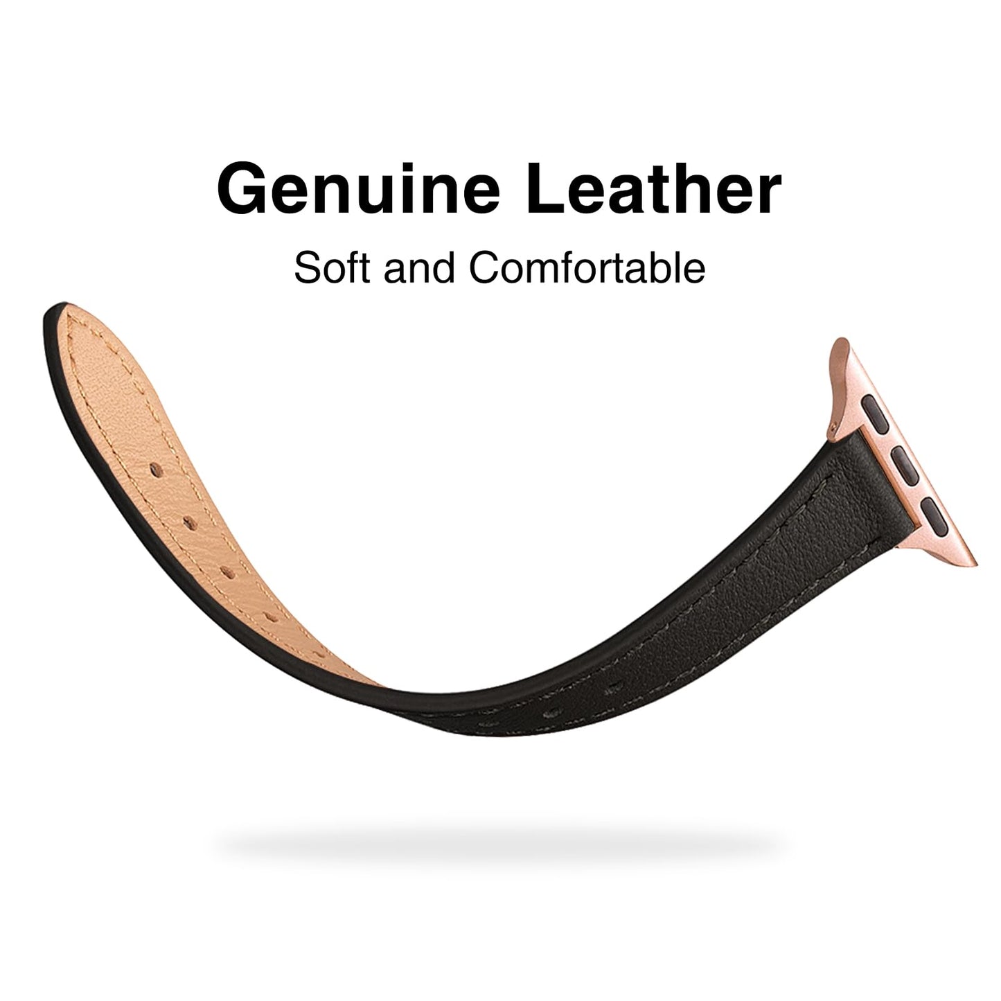 STIROLL Slim Leather Bands Compatible with Apple Watch Band 38mm 40mm 41mm 42mm(Series 11 10), Top Grain Leather Watch Thin Wristband for iWatch SE 9