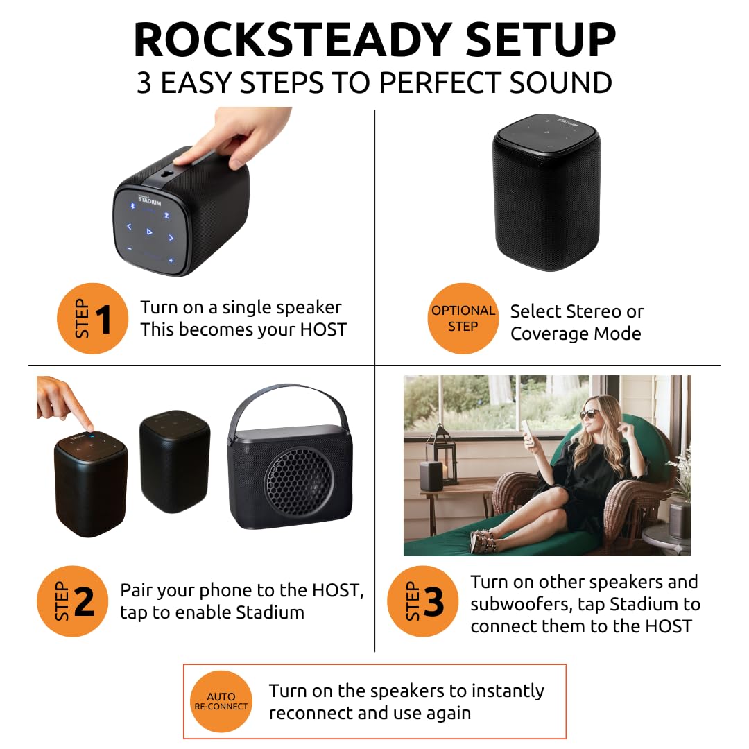 Rocksteady Stadium 2: Single Speaker - Immersive, connectible, and up to 150 ft of Range. Up to 30 Hours of Battery Life.
