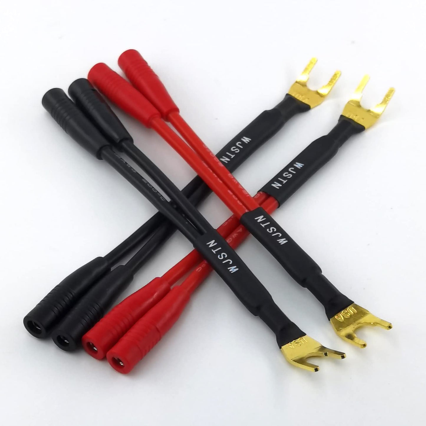 WJSTN-012 3-in Spade Plug to Two Dual 4mm Banana Plug Audio Cable adapters ?45 Degree Type Y Plug Speaker distributors 4-Pack