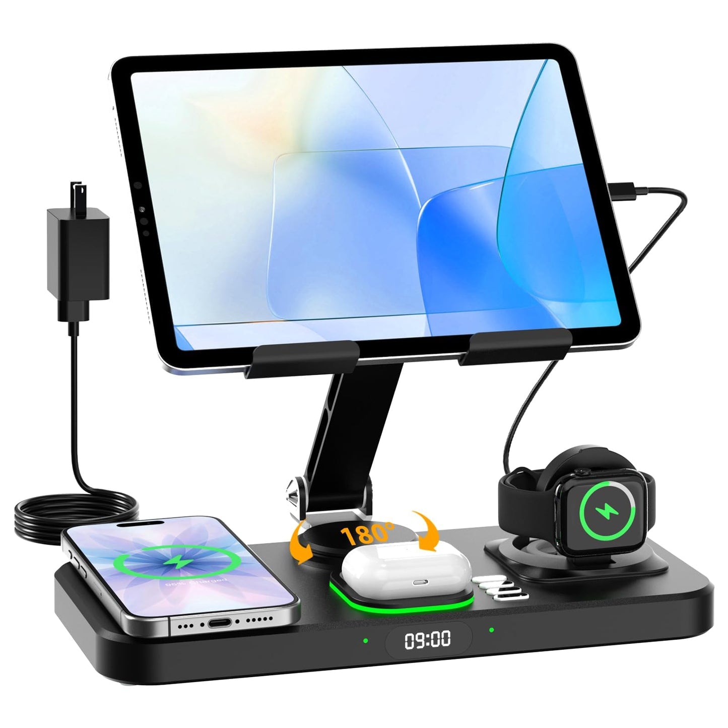 30W Charging Station for Apple Products, Foldable Wireless Charger with Clock Display&7 Color Light, Wired Charging for iPad/Tablet Charging Station