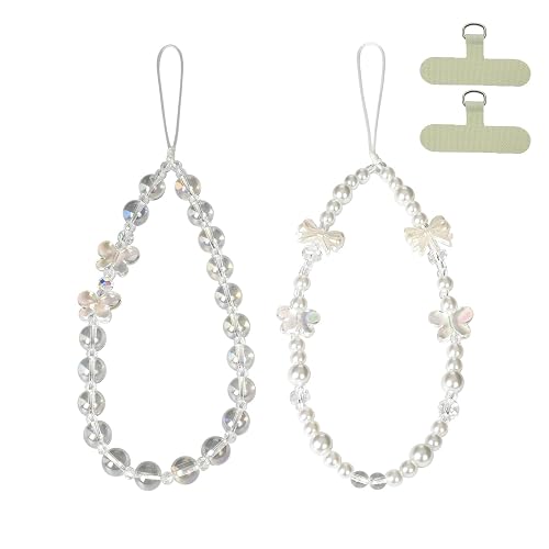 NUANJUYU 2PCS Handmade Beaded Phone Strap, Crystal Butterfly Bow Pearl Phone Lanyard Wristlet Keychain for Women?Crystal White?