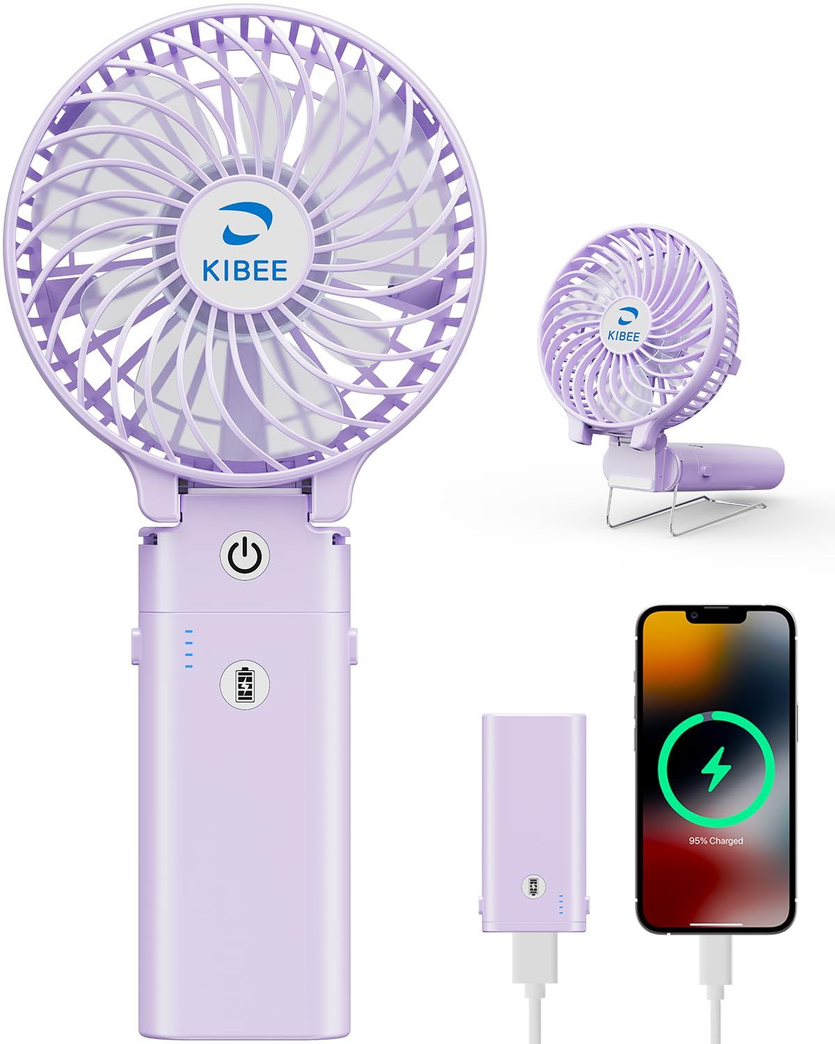 KIBEE Portable Handheld Fan, 5200mAh Rechargeable Mini Fan with Up to 20H Runtime, 180° Foldable Personal Fan, 3 Speeds, Desk Stand, Travel Essentials