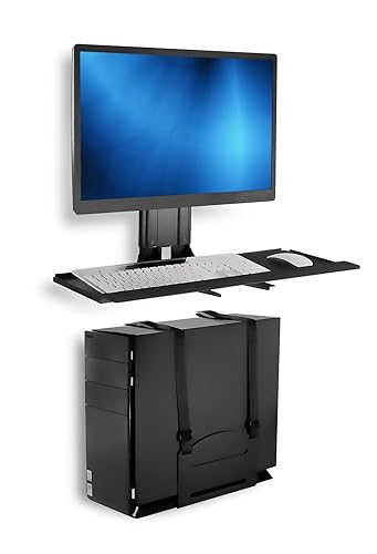 Mount-It! Monitor and Keyboard Wall Mount with CPU Holder, Height Adjustable Standing VESA Keyboard Tray, 25 Inch Wide Platform with Mouse Pad