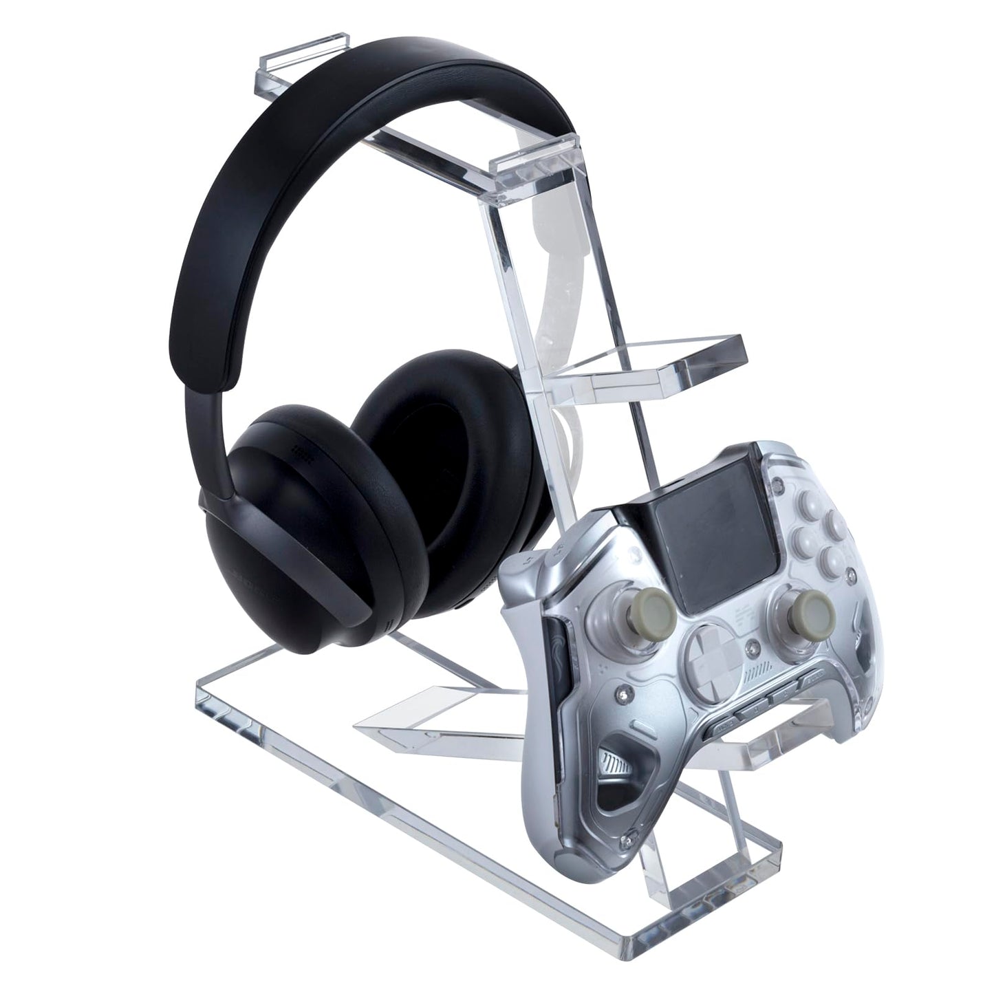 MyGift Premium 10mm Thick Clear Acrylic Gaming Headphone Headset Stand with 2 Controller Holder, Tabletop Universal Storage Rack for Game Accessories