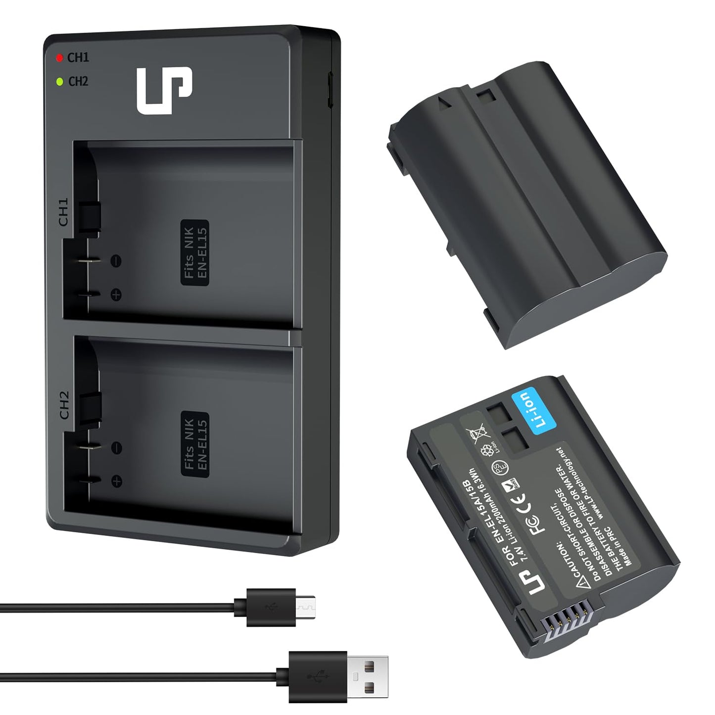 LP EN-EL15 EN EL15a Battery Charger Pack, 2-Pack Battery 2200mAh & Dual Slot Charger, Compatible with Nikon D7500, D7200, D7100, D7000, D850, D750