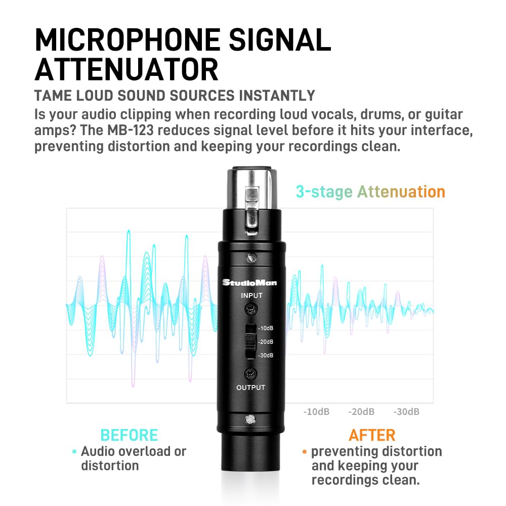StudioMan MB123 XLR Microphone Attenuator Pad, -10/-20/-30dB Adjustable Mic Signal Reducer, Compact In-Line Audio Attenuator for Recording, Compatible