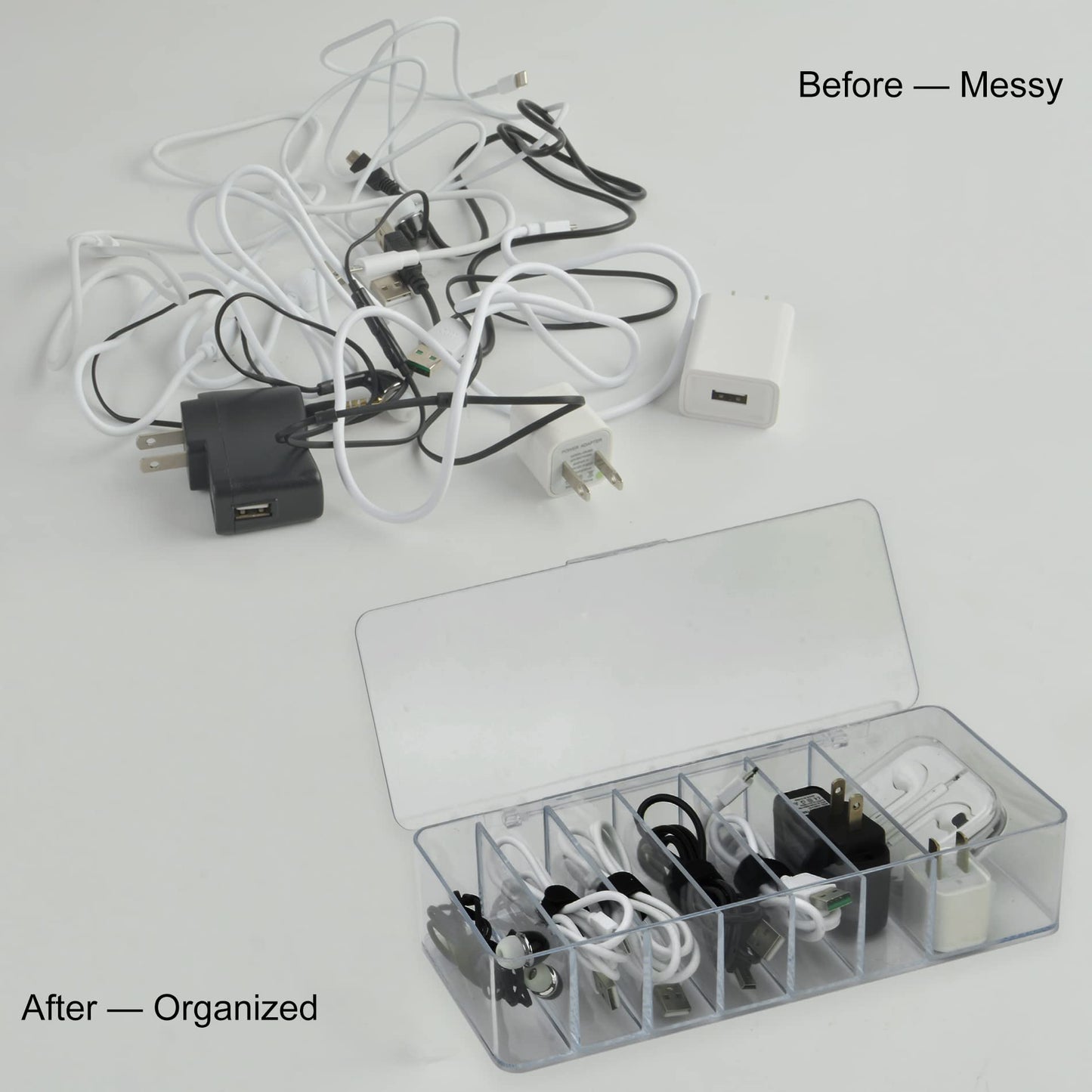 Electronics Organizer 7 Sections Clear Acrylic Cable Storage Bin Box Cord Holder with 20 PCS Reusable Fastening Fabric Cable Ties Straps Cord Wraps (7