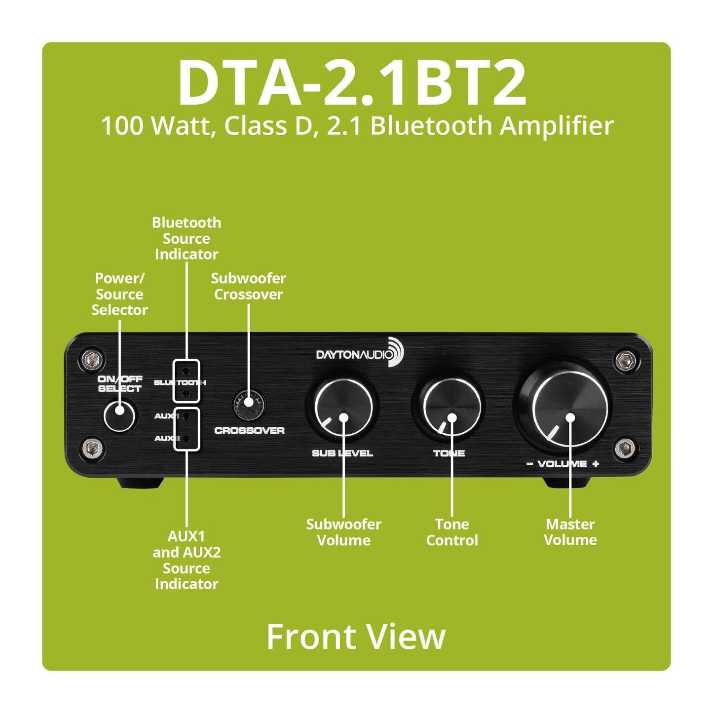 Dayton Audio DTA-2.1BT2 Bluetooth 5.0 Stereo Audio 2.1 Channel Amplifier Receiver Mini Hi-Fi Class D Integrated Amp 2.1 CH for Home Speakers 100W