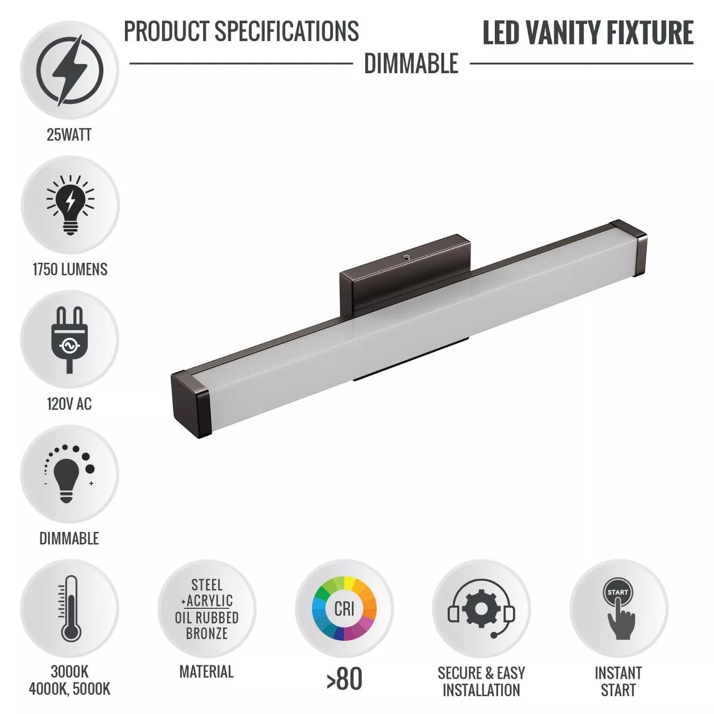 LEDMyplace 25W 24-inch LED Vanity Light Fixtures Over Mirror, 3000K/4000K/5000K CCT Changeable, 1750LM, 120V, High CRI>80, Oil Rubbed Bronze, Dimmable