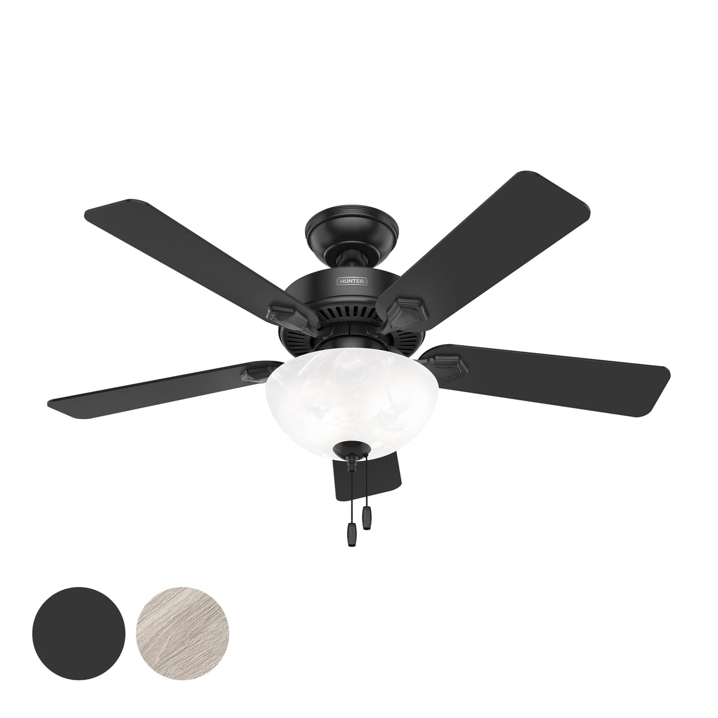 Hunter Fan 44 inch Matte Black Indoor Ceiling Fan with Lights and Pull Chain for Bedroom, Living Room, Family Room, Dining Room, Kitchen, Office