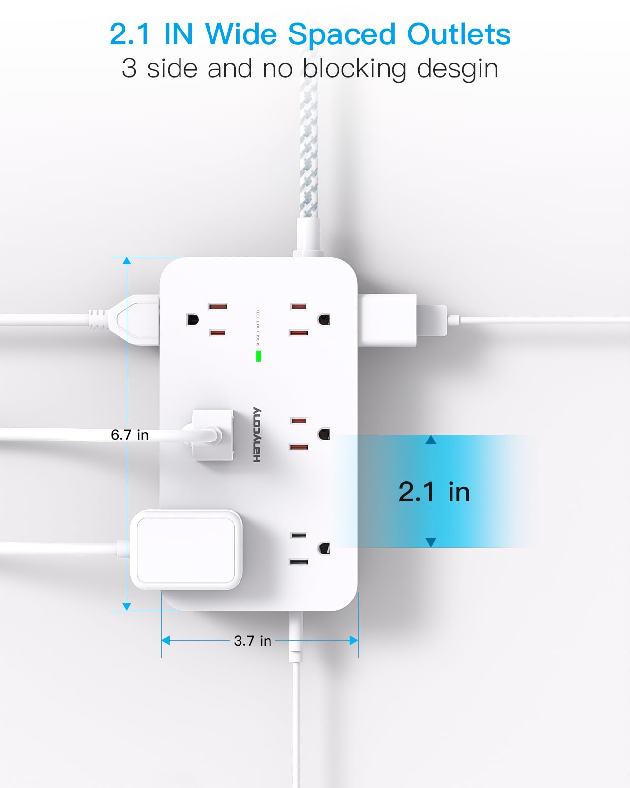 Power Strip Surge Protector, HANYCONY 12 Multiple Outlets 4 USB Ports (2 USB C), 5Ft Braided Extension Cord Flat Plug, Overload Surge Protection, Desk