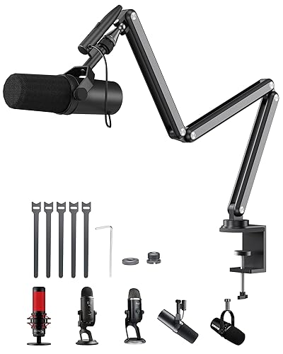 KU XIU Aluminum Alloy Boom Arm Microphone Stand for Desk, Three-Section Adjustable Mic Arm Mount with Cable Management Channels for Desktop