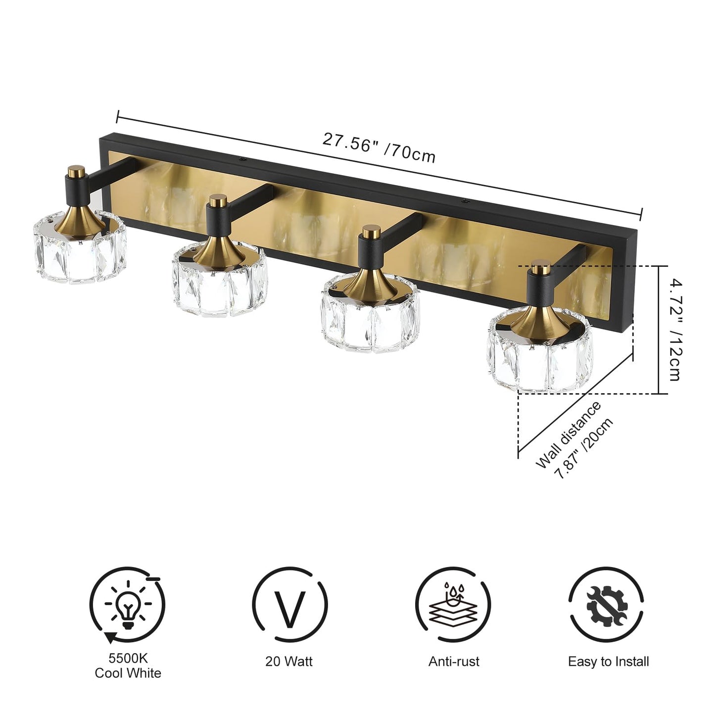 Bicrink 4 Light Bathroom Vanity Light, Dimmable Crystal Modern Bathroom Light Fixtures Over Mirror, Gold and Black Modern Vanity Light, Elegant Water