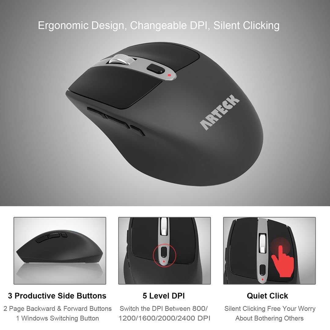 Arteck 2.4G Wireless Keyboard and Mouse Combo Ultra Slim Full Size Keyboard Keyboard and Ergonomic Mice for Computer Desktop PC Laptop and Windows