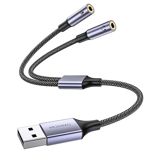 MOSWAG USB Audio Adapter External Sound Card Stereo Cable with Dual TRS 3-Pole 3.5mm Headphone and Microphone Jacks USB to Dual 3.5mm Audio Jack